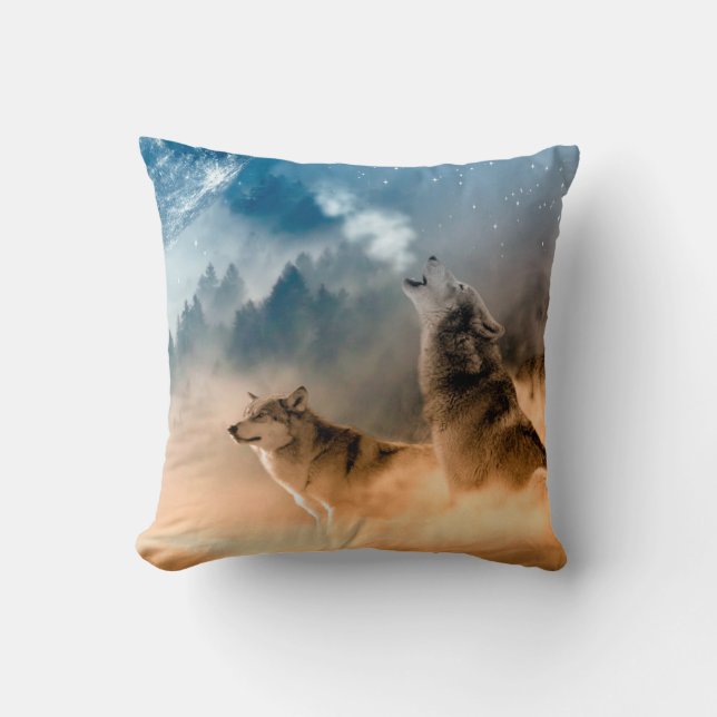 Two wolves howl at the full moon in forest cushion (Front)