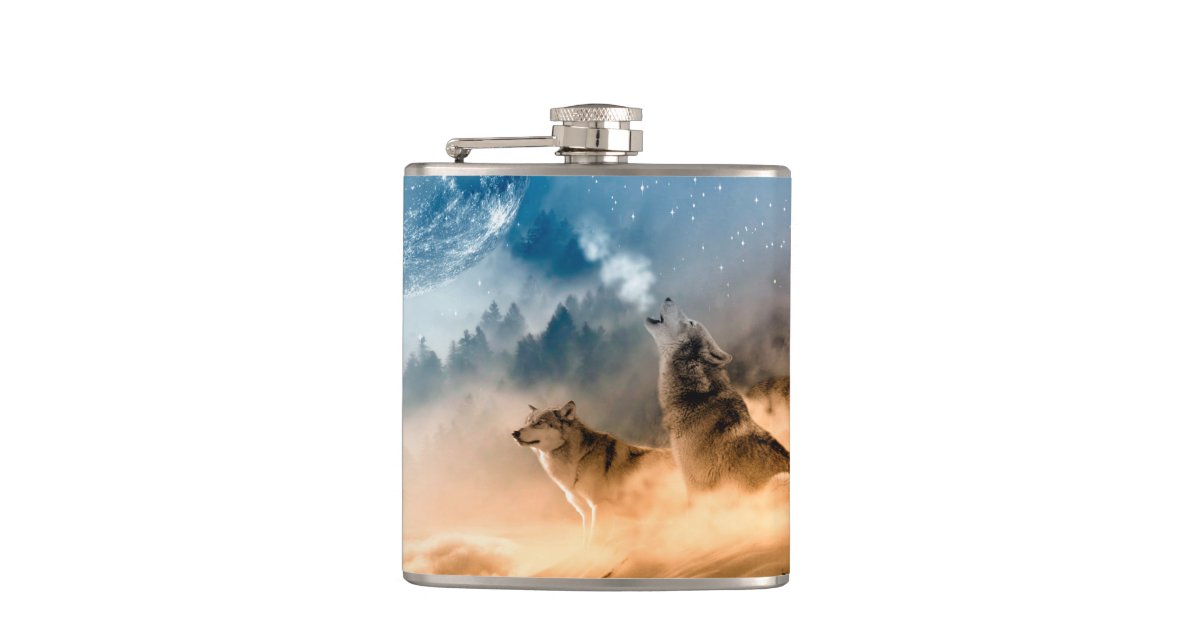 Two wolves howl at the full moon in forest hip flask | Zazzle.co.uk