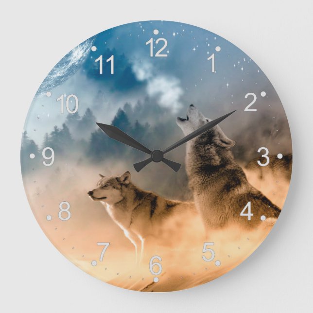 Two wolves howl at the full moon in forest large clock (Front)