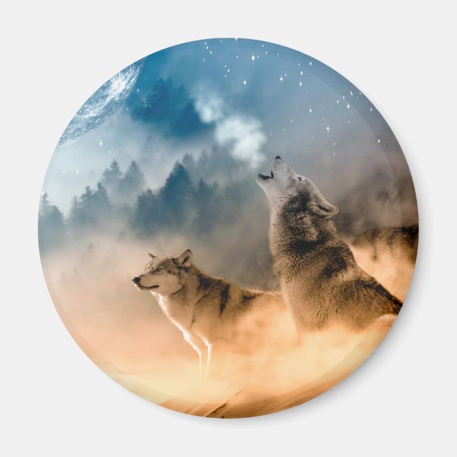 Two wolves howl at the full moon in forest magnet (Front)