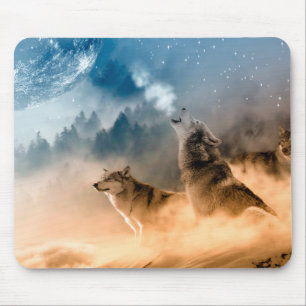 Two wolves howl at the full moon in forest mouse mat