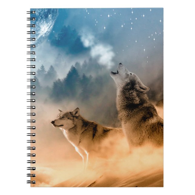 Two wolves howl at the full moon in forest notebook (Front)