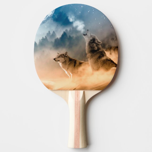 Two wolves howl at the full moon in forest ping pong paddle (Front)
