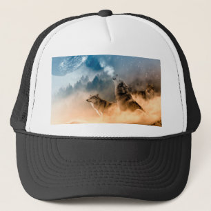 Two wolves howl at the full moon in forest trucker hat