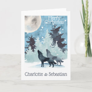 Two Wolves Howling At A Winter Moon Christmas Card