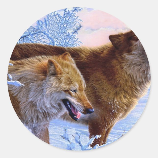 Two wolves in snow painting classic round sticker (Front)