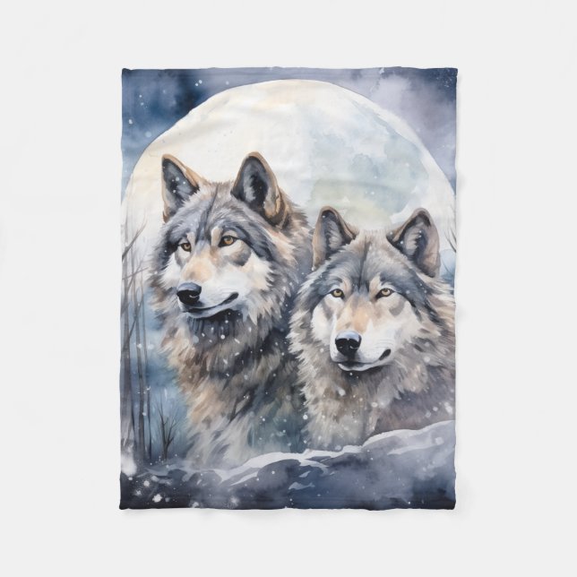 Two Wolves in Winter Fleece Blanket (Front)