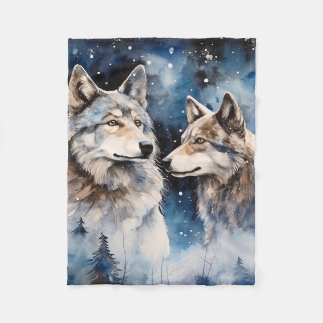 Two Wolves in Winter Fleece Blanket (Front)