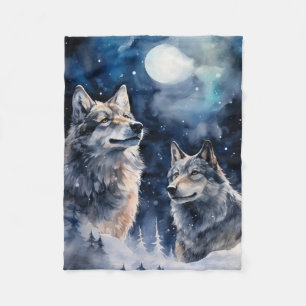 Two Wolves in Winter Fleece Blanket