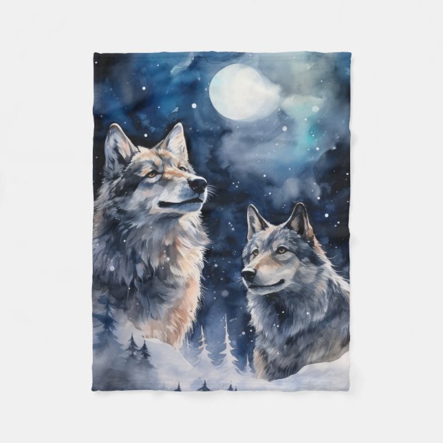 Two Wolves in Winter Fleece Blanket (Front)