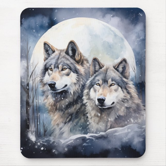 Two Wolves in Winter Mouse Mat (Front)