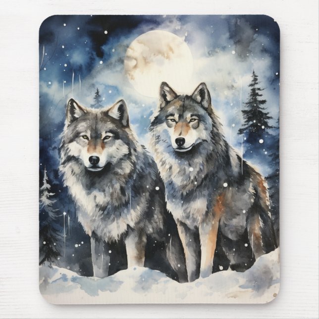 Two Wolves in Winter Mouse Mat (Front)