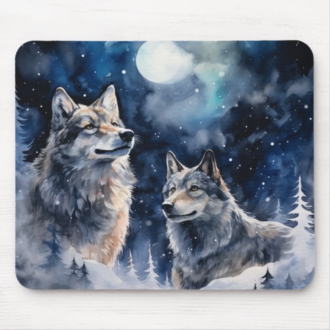 Two Wolves in Winter Mouse Mat (Front)