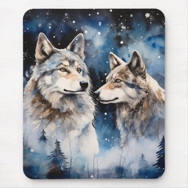 Two Wolves in Winter Mouse Mat (Front)