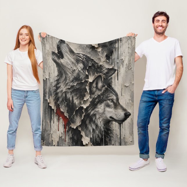 Two Wolves, One Heart Fleece Blanket (In Situ)