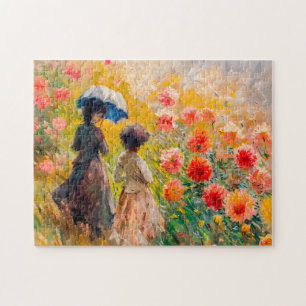 Two women at dahlia flowerbed jigsaw puzzle