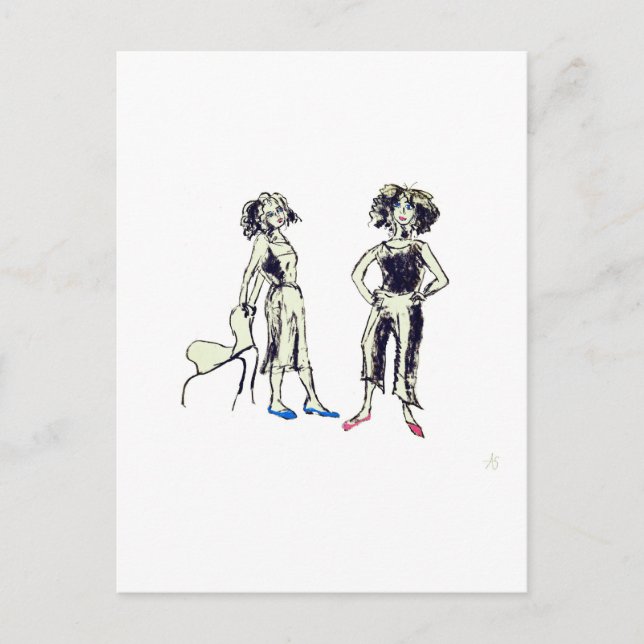 Two women depicted with curly hair  postcard (Front)