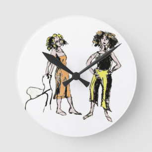 Two women depicted with curly hair round clock