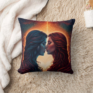 Two Women Embrace in Fiery Background Cushion