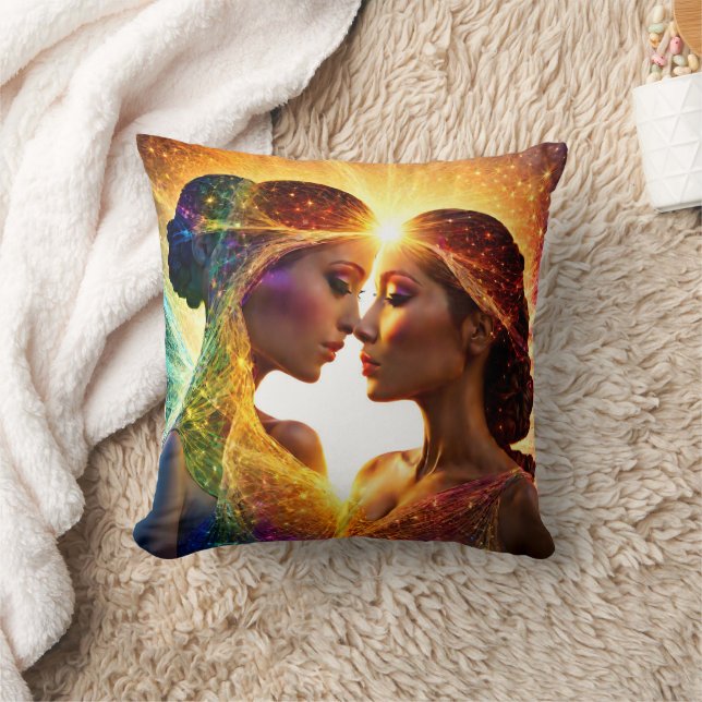 Two Women Embrace With Colourful Energy Aura Cushion (Blanket)