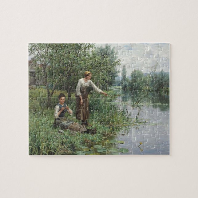 Two Women Fishing on the Grass by the River Jigsaw Puzzle (Horizontal)