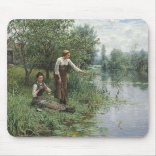 Two Women Fishing on the Grass by the River Mouse Mat