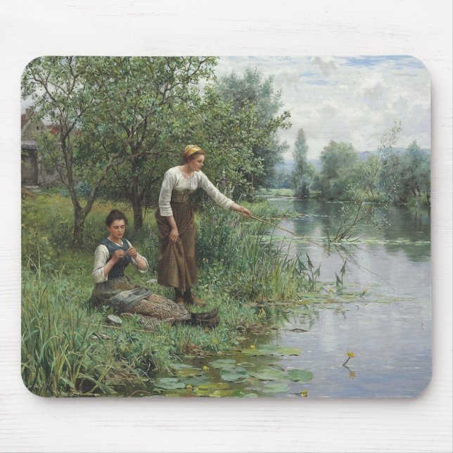 Two Women Fishing on the Grass by the River Mouse Mat (Front)
