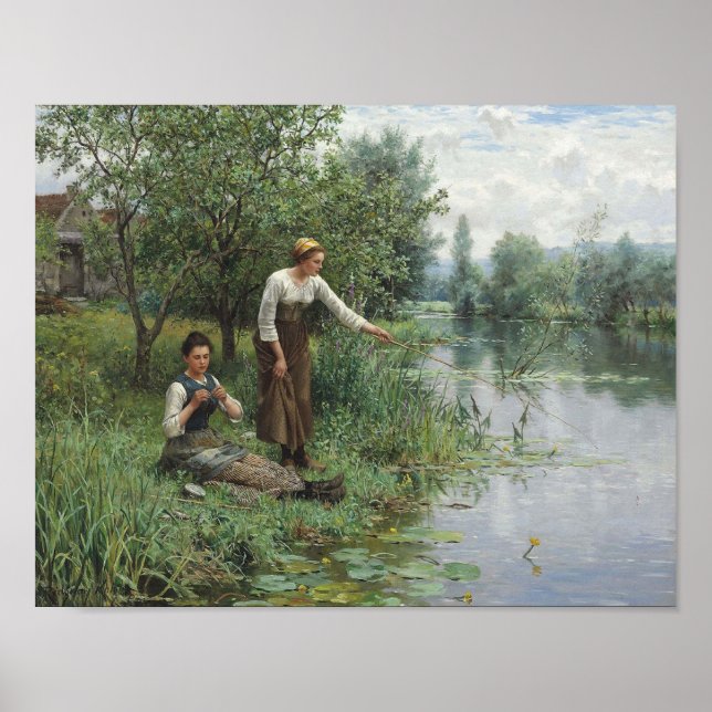 Two Women Fishing on the Grass by the River Poster (Front)