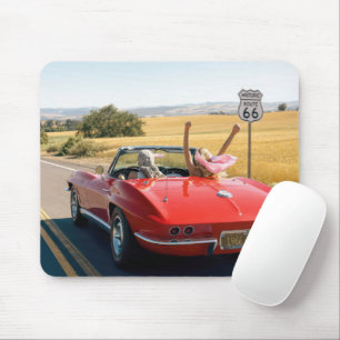 Two Women in a Red 1966 Corvette on Route 66 Mouse Mat