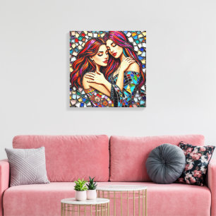 Two Women in Love   Faux Mosaic Tile Style Canvas Print