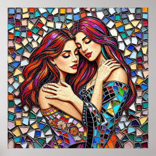 Two Women in Love Faux Mosaic Tile Style Poster