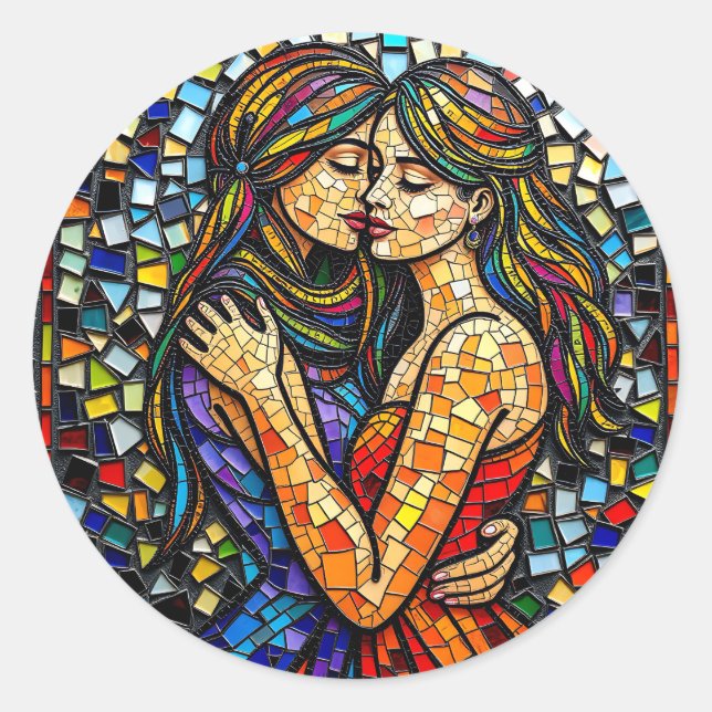 Two Women in Mosaic Tile Style Ai  Art Classic Round Sticker (Front)