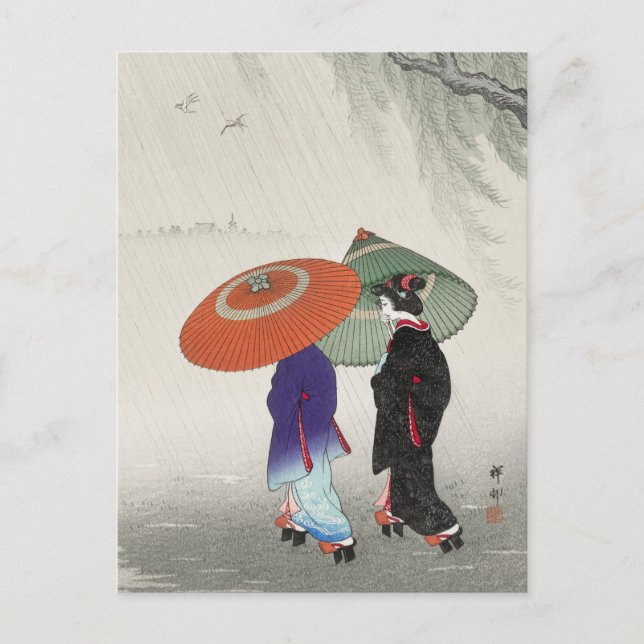 Two Women in the Rain Painting by Ohara Koson Postcard (Front)