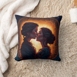 Two Women Sharing a Kiss at Dusk Cushion