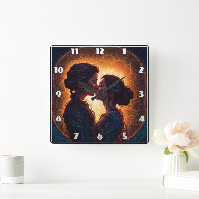 Two Women Sharing a Kiss at Dusk Square Wall Clock (Home)