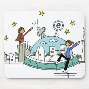 Two women sitting on top of a city mouse mat