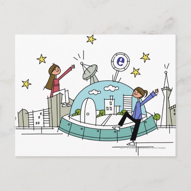 Two women sitting on top of a city postcard (Front)