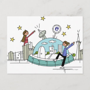 Two women sitting on top of a city postcard