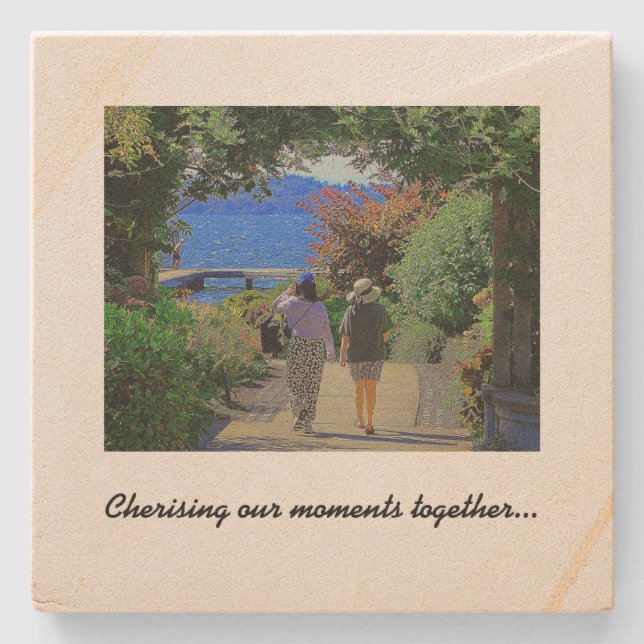Two Women Walking Cherishing Our Moments Together Stone Coaster (Front)