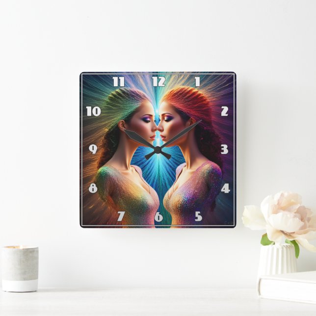 Two Women With Colourful Auras in Abstract Art Square Wall Clock (Home)