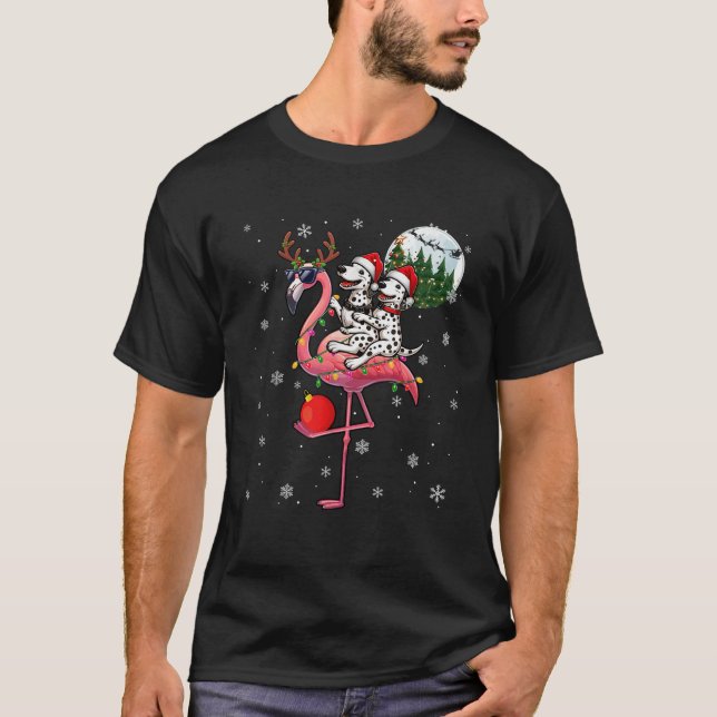 Two Xmas Dalmatians Riding Flamingo Reindeer Sungl T-Shirt (Front)