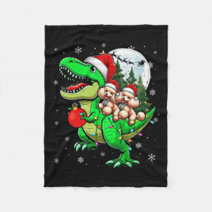 Two Xmas Poosles Riding T-rex Reindeer Lover Kids Fleece Blanket