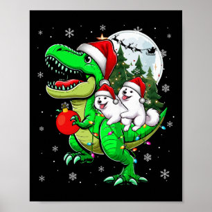 Two Xmas Samoyeds Riding T-rex Reindeer Lover Kids Poster