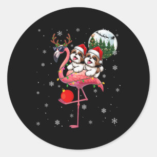 Two Xmas Shih Tzus Riding Flamingo Reindeer Sungle Classic Round Sticker