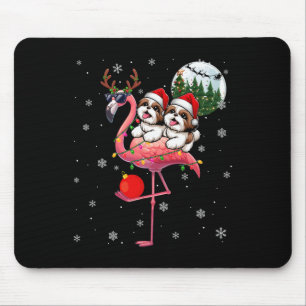 Two Xmas Shih Tzus Riding Flamingo Reindeer Sungle Mouse Mat