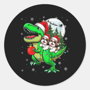 Two Xmas Shih Tzus Riding T-rex Reindeer Lover Kid Classic Round Sticker