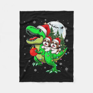 Two Xmas Shih Tzus Riding T-rex Reindeer Lover Kid Fleece Blanket