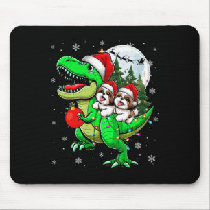 Two Xmas Shih Tzus Riding T-rex Reindeer Lover Kid Mouse Mat
