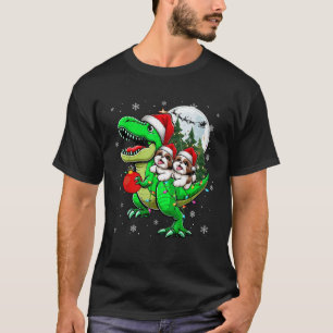 Two Xmas Shih Tzus Riding T Rex Reindeer Lover Kid T-Shirt