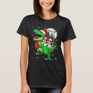 Two Xmas Shih Tzus Riding T-rex Reindeer Lover Kid T-Shirt